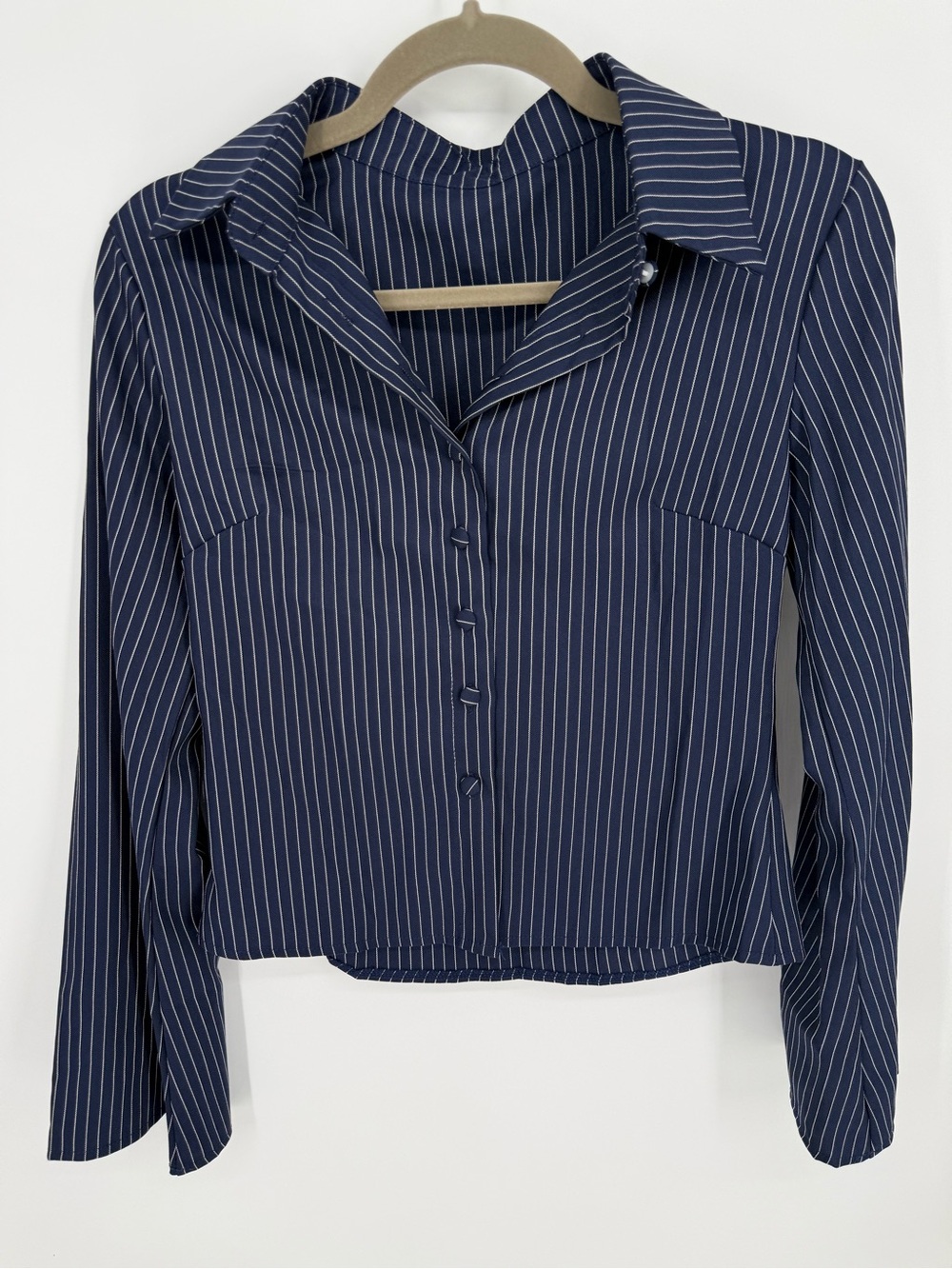 Blue Pinstripe Cropped Button Up Blouse S